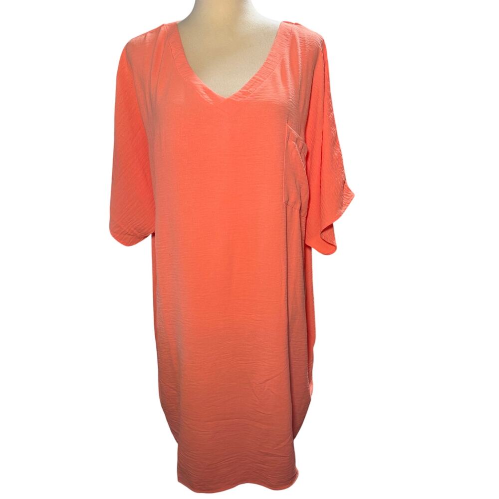 Zenana Go With The Flow V-Neck Pocket Shirt Dress, Coral, Plus Size 3X